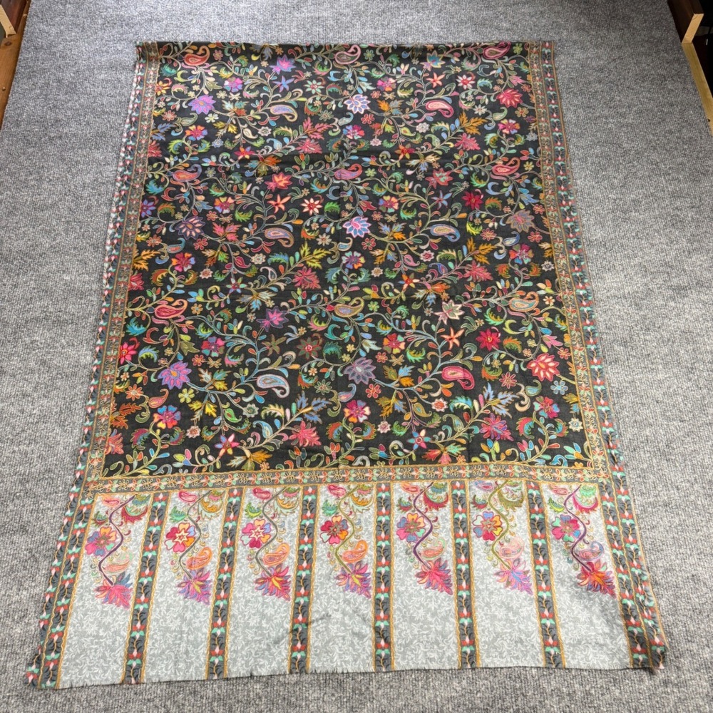 Pashmina Kashmiri Aari Hand Embroidered Kalamkari Fine Wool Shawl Stole 80"x30" - Picture 8 of 11